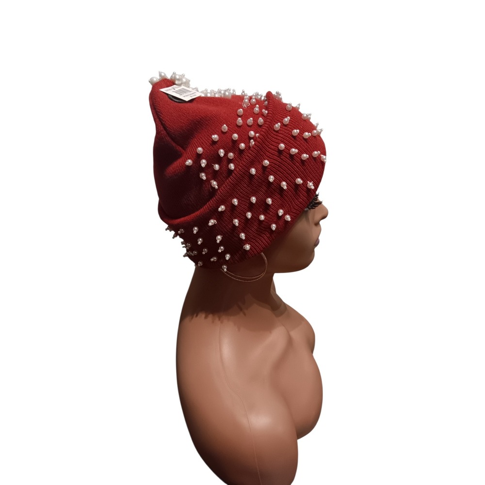 Red Burgundy Faux Pearl Hand Beaded Knit Cuffed Beanie Hat
